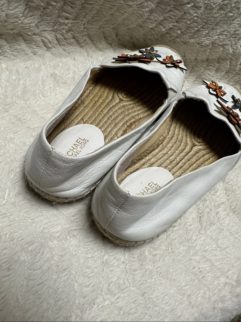 Michael Kors White Leather, Orange w/ Gold Beads Flowers Espadrilles Flats, 8 M